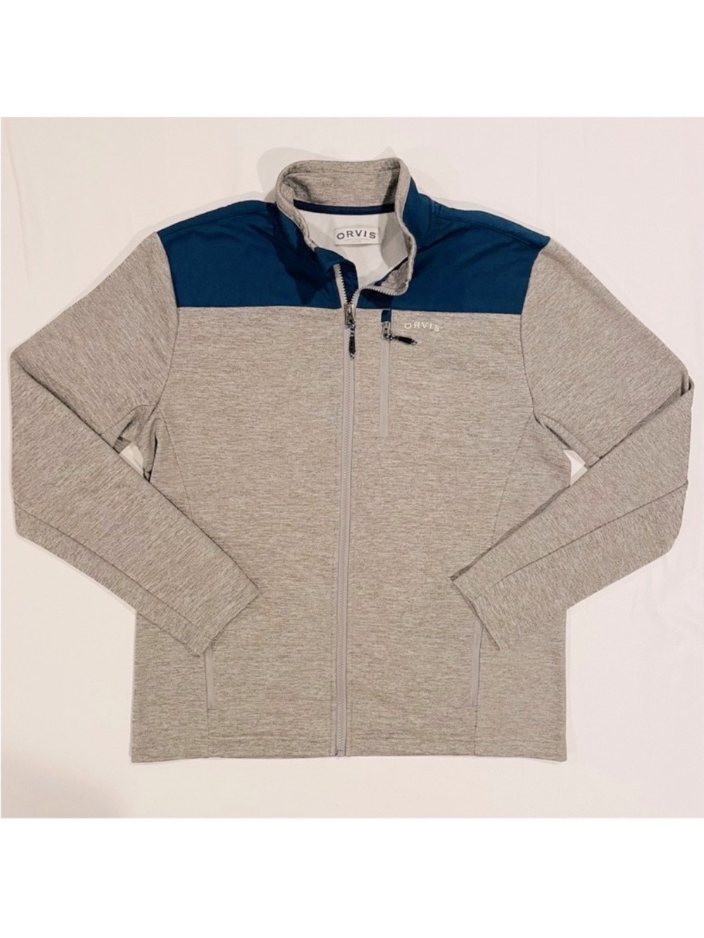 Orvis Full Zip Jacket Mens Medium Bonded Mesh Light Grey Navy Zippered Spring